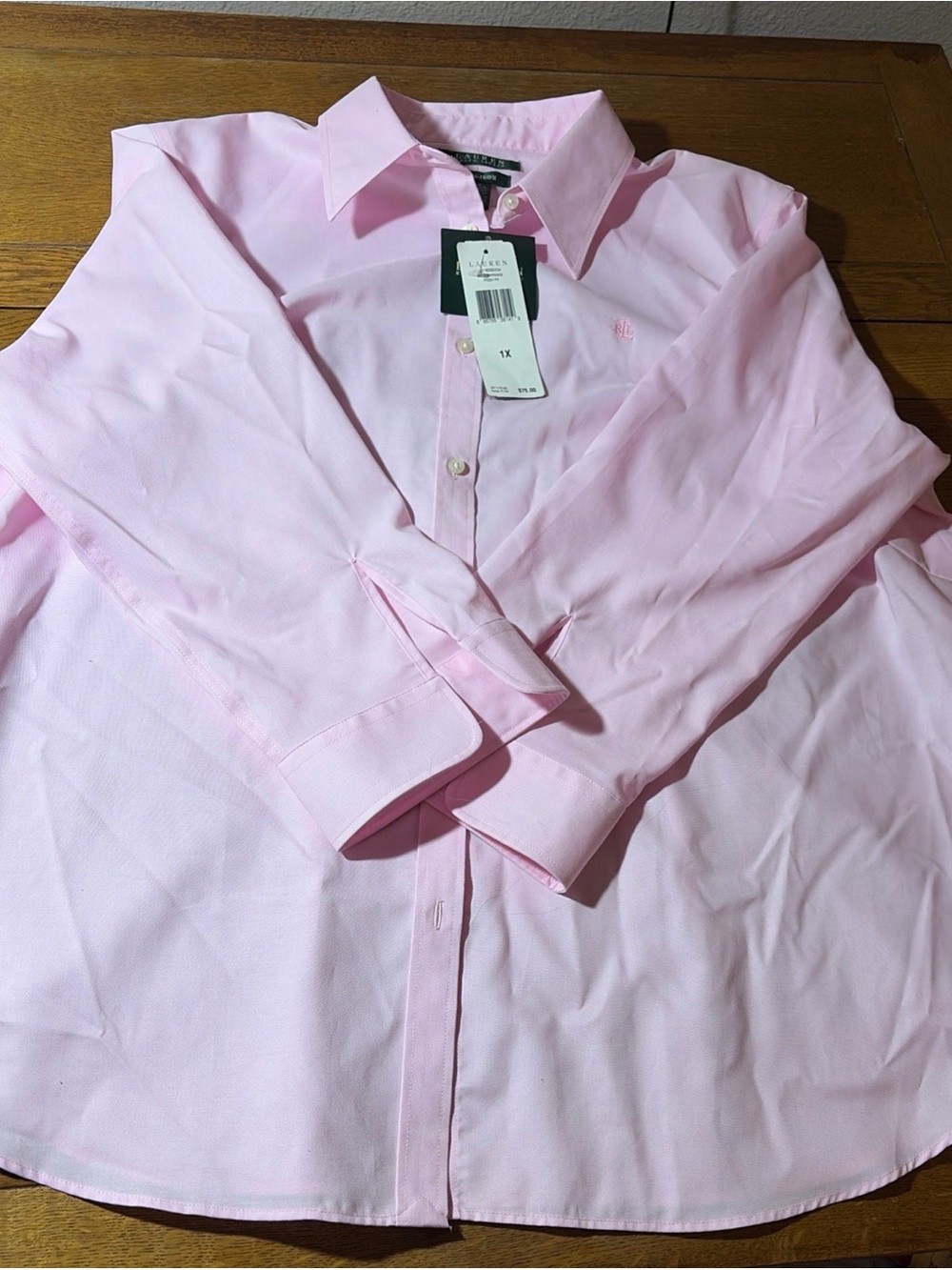 Lauren Ralph Lauren Non-Iron Button-Up Blouse Pink 1X Plus 100% Cotton